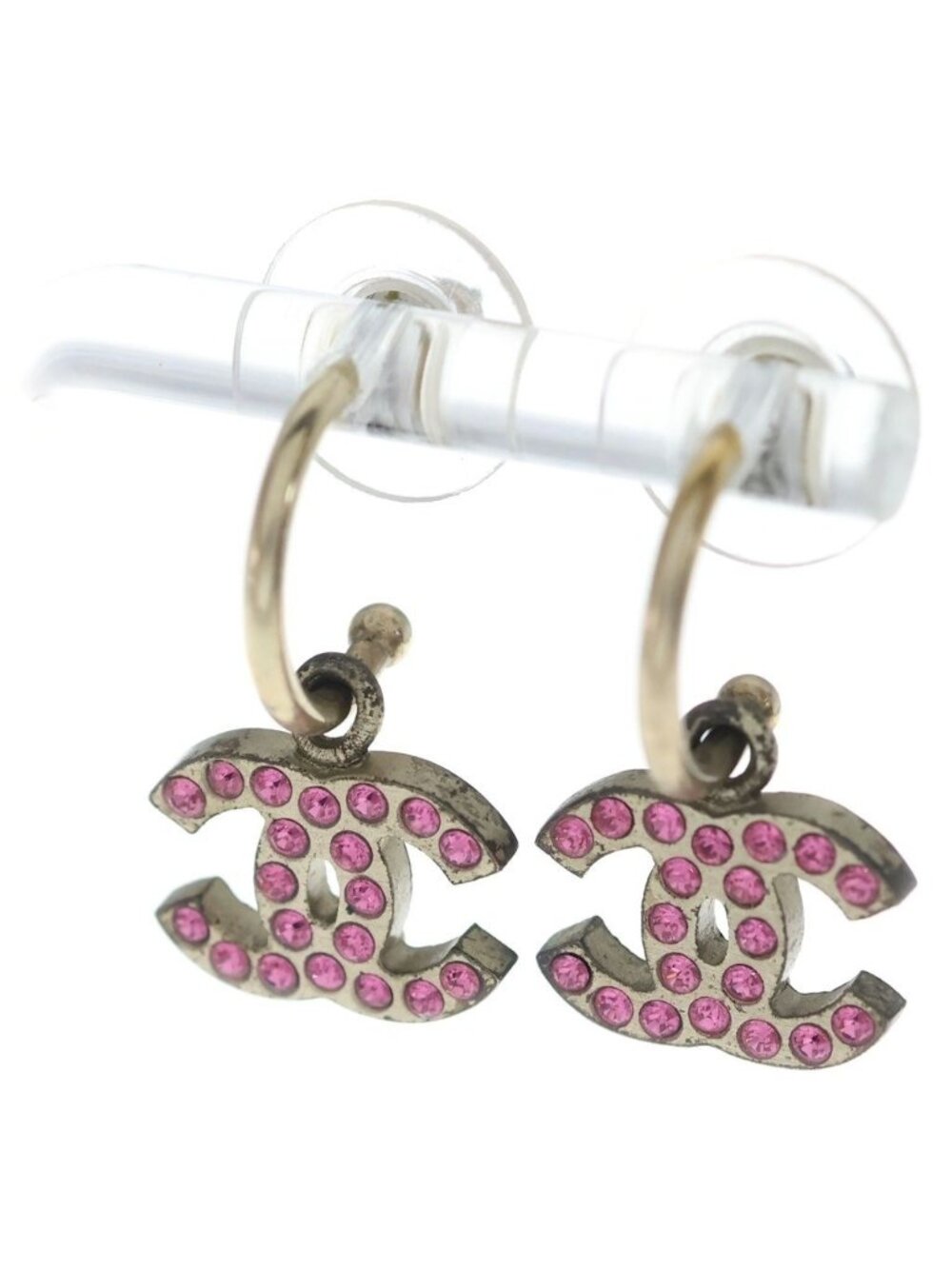 Chanel CC Logo Rhinestone Earrings Gold Pink